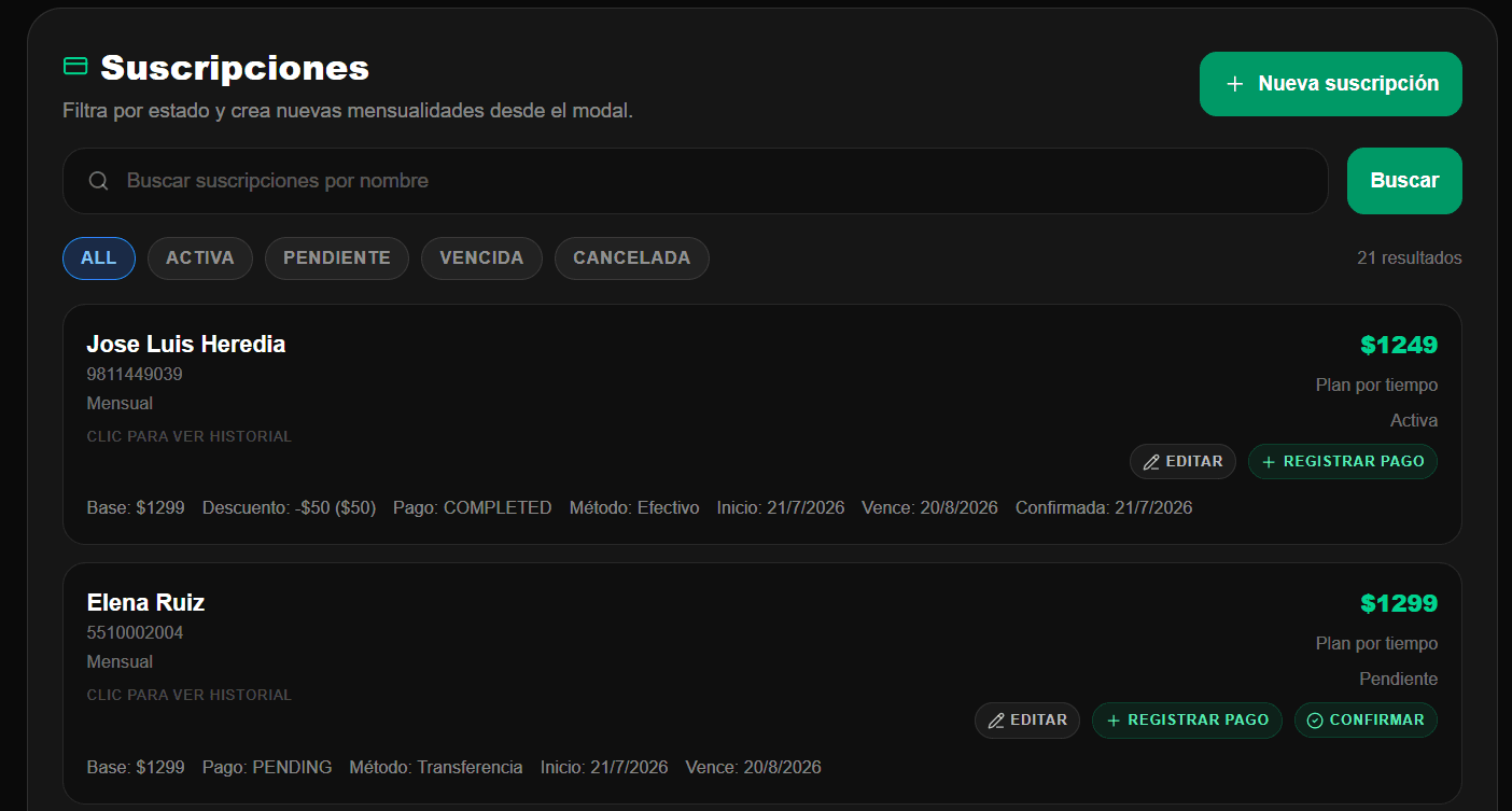 Pantalla de suscripciones de Orion